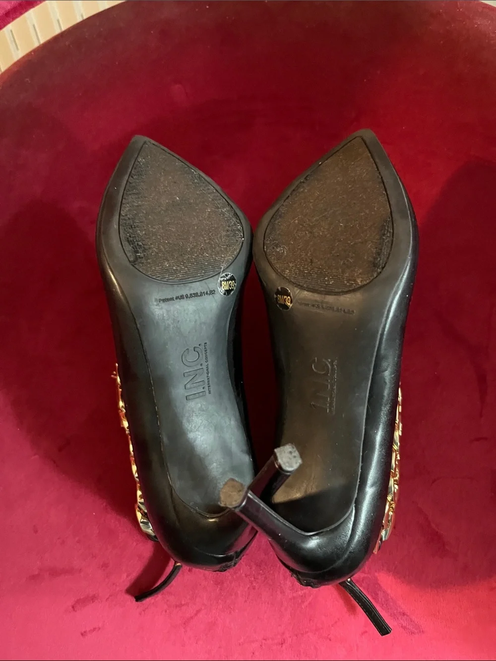 INC International Concepts Black Pointed Ankle Boots with Gold Chain Accent